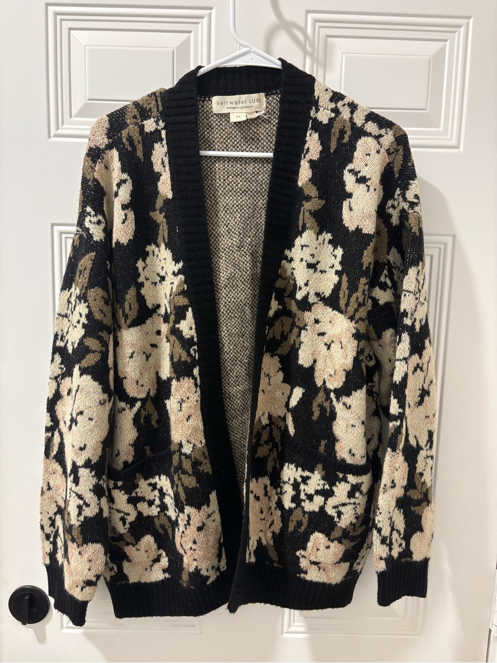 saltwater LUXE Black Floral Open Cardigan with Cream and Tan Blooms